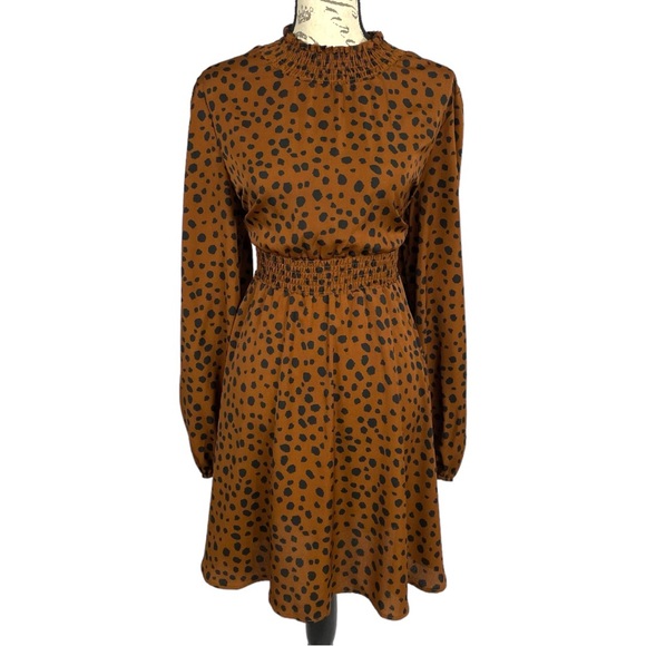 SHEIN Women’s Animal Print Long Sleeve Smocked Neck & Waist Midi Dress - Picture 1 of 12